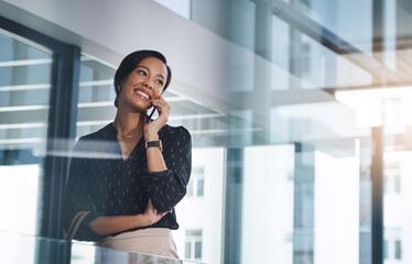 Smile, phone call and window with business woman for communication, virtual advisor and planning. Feedback, contact and professional chat with person in agency for connection, discussion and app