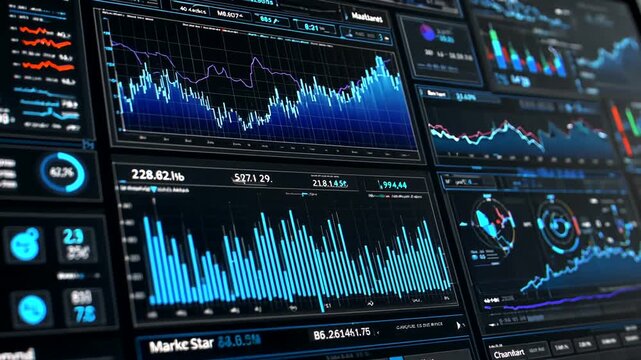 Futuristic financial data analysis dashboard with multiple graphs and charts.