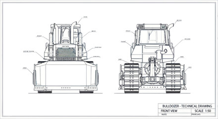 Obraz premium Bulldozer Blueprint: Front and Rear Technical Drawing