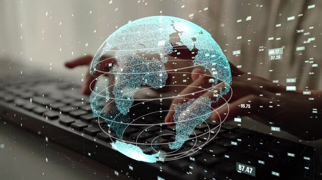 A close-up image of hands typing on a keyboard, accompanied by a glowing digital globe, symbolizing the interconnectivity and advancements in technology and communication. Xenic