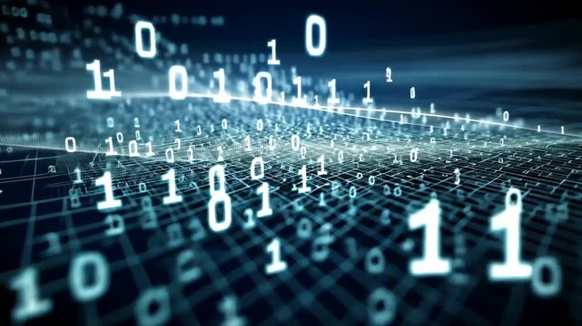 Binary code matrix with digital data stream and futuristic grid background.
