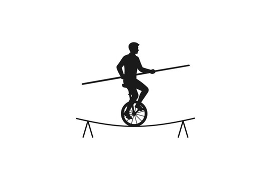 Unicyclist balancing on a tightrope with a pole silhouette