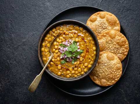 sindhi dal pakwan traditional indian breakfast with chana dal bowl and crispy pakwan with onion coriander garnish top view premium food photography