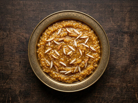 traditional moong dal halwa in brass bowl top view rich indian dessert with almond garnish premium festive sweet