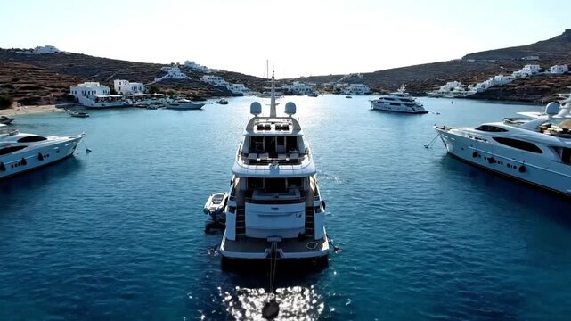 Aerial View of Luxury Yachts in Ornos Bay Mykonos Greece
