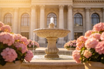 Naklejka premium Fountain with pink flowers in front of building