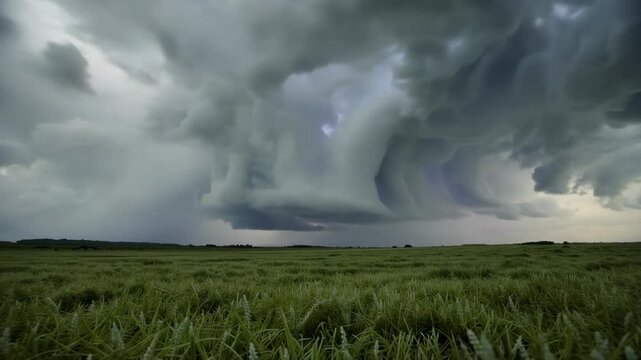 cloud formations moving over open green fields. Different lighting and weather conditions create dynamic visuals suitable for projects related to nature, weather, and landscapes