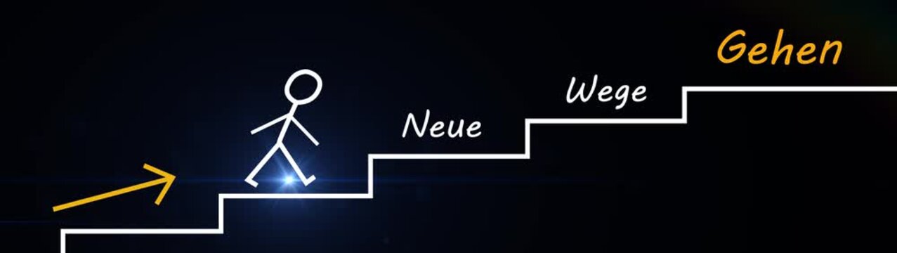 Neue Wege gehen - die Erfolgsleiter zum Ziel, Neuanfang und Neubeginn. Motion graphics of man level concept