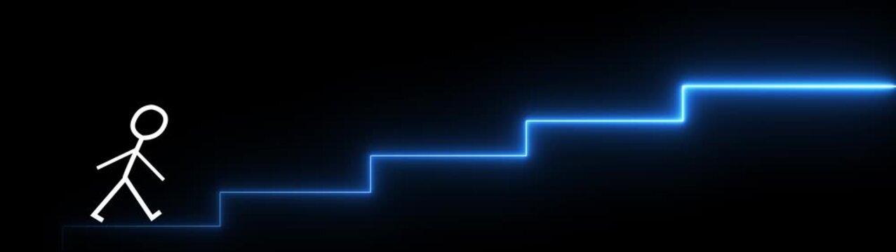 Strichm&auml;nnchen mit Treppe, Erfolgsleiter, Neuanfang, Neubeginn, Fortschritt, Erfolg, Ziel. Motion graphics of step by step level concept
