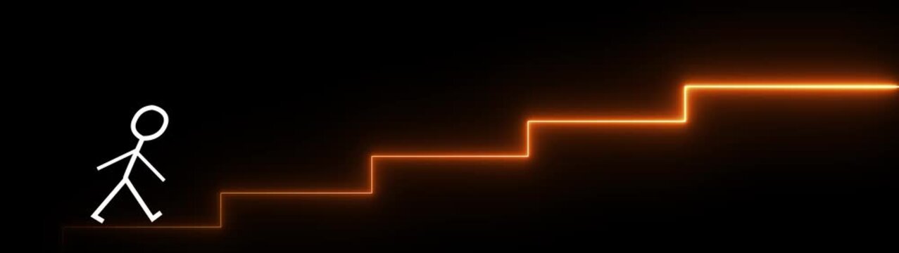 Strichm&auml;nnchen mit Treppe, Erfolgsleiter, Neuanfang, Neubeginn, Fortschritt, Erfolg, Ziel. Motion graphics of step by step level concept
