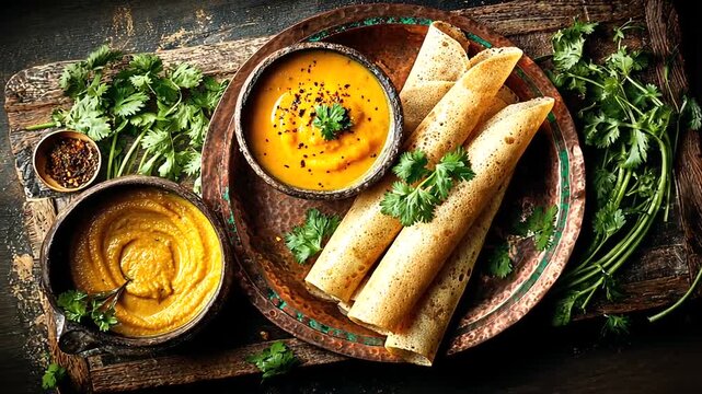 Indian cuisine dosa with yellow curry sauce and fresh herbs on wooden plate.