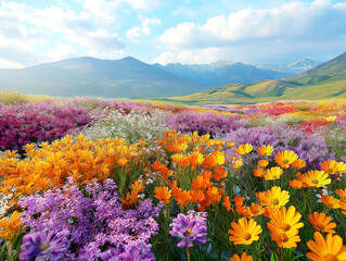 Obraz premium Fields of colorful flowers blooming in natural, vibrant shades
