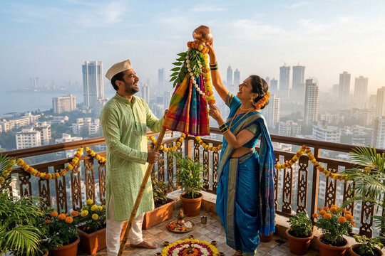 Indian couple celebrating Gudi Padwa festival on balcony