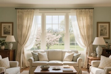 Fototapeta premium Cozy living room with large window, white sofa, and floral curtains overlooking a garden