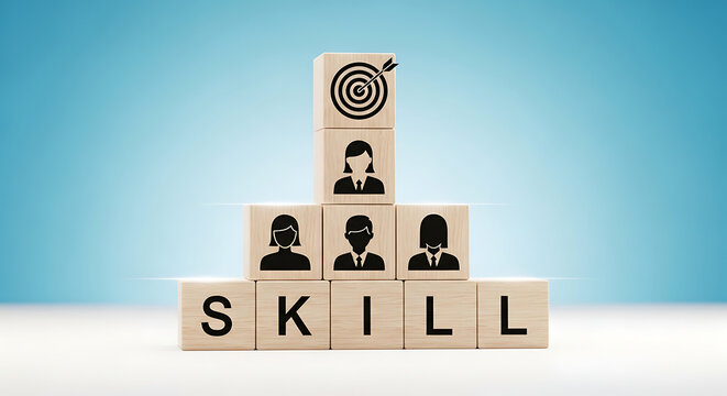 Strategic Skill Development and Career Progression Leading to Business Success and Personal Goal Achievement on a Blue Background