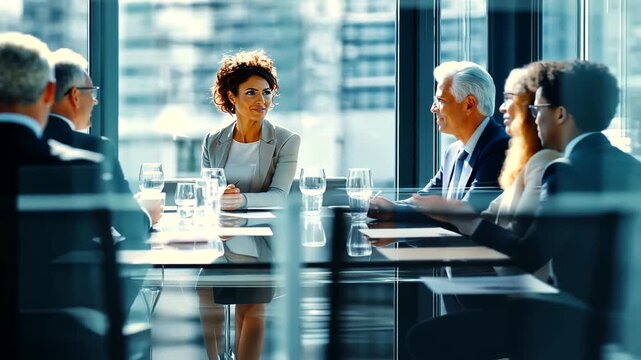 Professional business meeting with diverse group of executives.