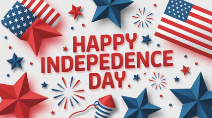 Obraz premium Happy independence day celebration with american flags stars and fireworks on white background