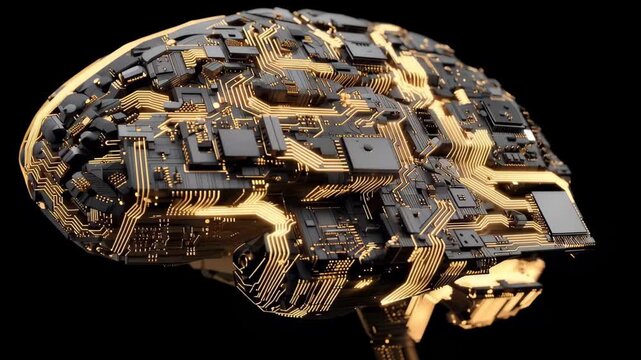 Digital brain model shows complex circuitry and technology in a dark setting, highlighting connections and data flow in artificial intelligence systems