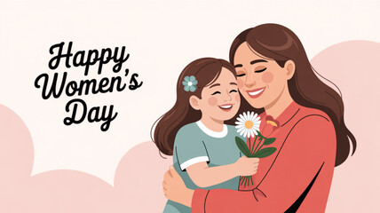 Obraz premium Mother and daughter hug on happy women's day with flowers and pink background
