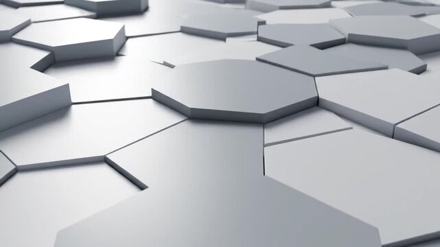 Dynamic abstract background featuring white and grey hexagonal shapes.