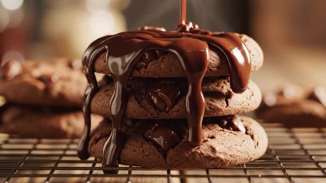 Melted chocolate sauce pours over a stack of delicious homemade cookies.