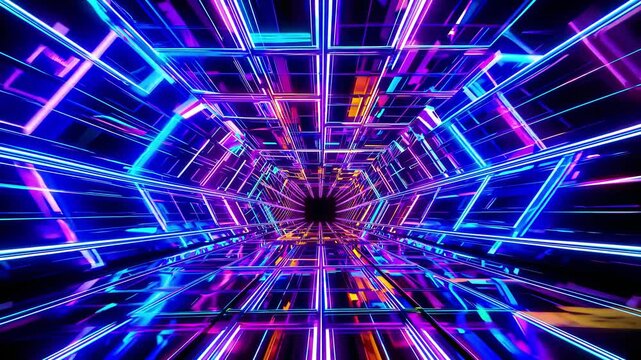 Futuristic neon tunnel with geometric grid lines. Abstract sci-fi technology background. Digital cyber space animation