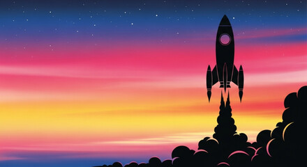 Rocket ship launching into vibrant colorful sunset sky © Hamna