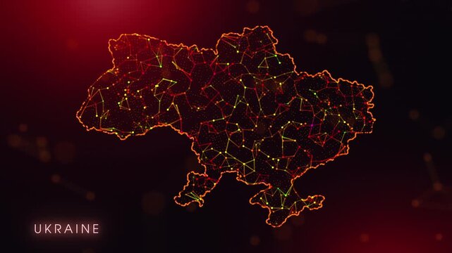 A dynamic motion video showcasing the Ukraine country border through a colorful plexus reveal. Glowing red and orange dots represent high-tech data communication and global digital networks.