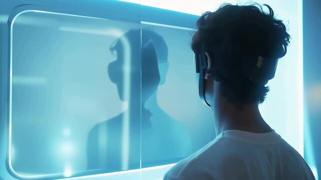 Person stands in front of a glowing screen while wearing a futuristic visor in a modern space during evening hours