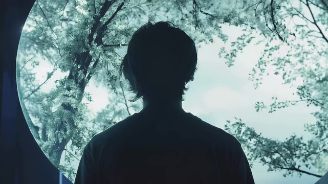 Person stands in front of a large round window showing a view of trees and nature in a bright light during daytime