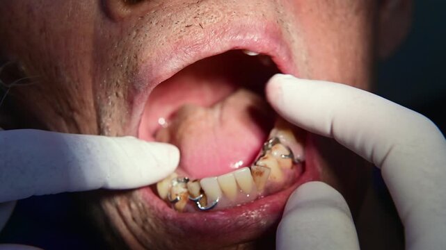 4K Dentist places dentures into the mouth of a patient