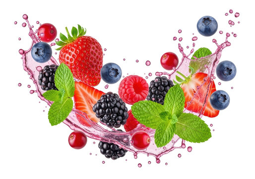 Fresh mixed berries and mint leaves, high-speed dynamic splash in translucent pink liquid with droplets, white studio background, concept for natural beverage advertising