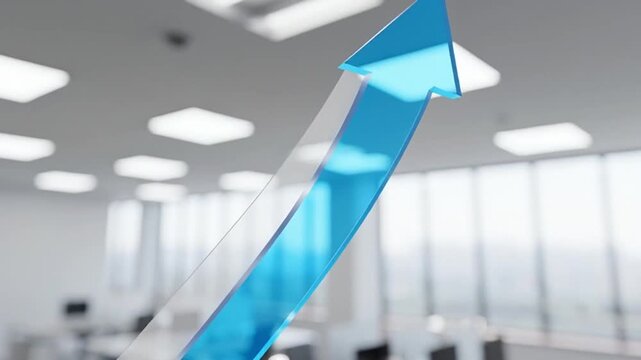 A blue arrow rises sharply in a modern office with computers and desks.