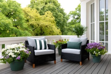 Fototapeta premium Balcony with wicker chairs and colorful potted flowers