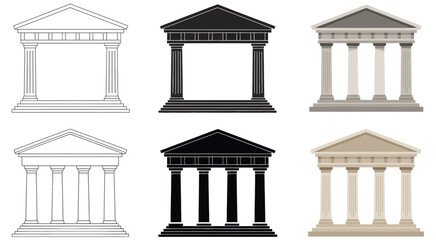 Naklejka premium Simple Greek building or temple clipart, featuring outline, silhouette, and color illustrations, ideal for historical, architectural, and educational vector designs.