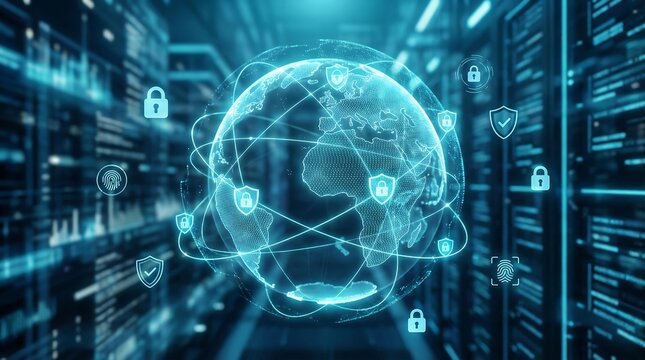 Digital illustration of a globe surrounded by interconnected lines and padlocks in a futuristic server room with blue tones.