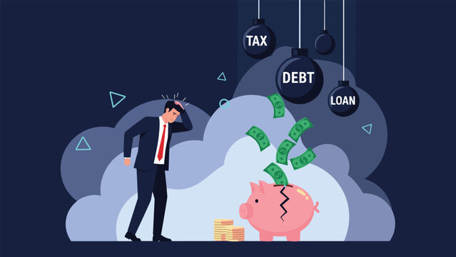 Worried businessman looking at a broken piggy bank with money flying out while bombs labeled tax debt and loan hang above his head in a dark cloud.