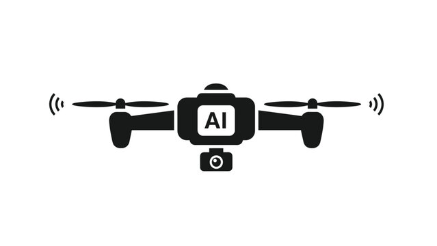 Black silhouette icon of a modern delivery drone with an artificial intelligence logo and a camera attached for surveillance and technology use.