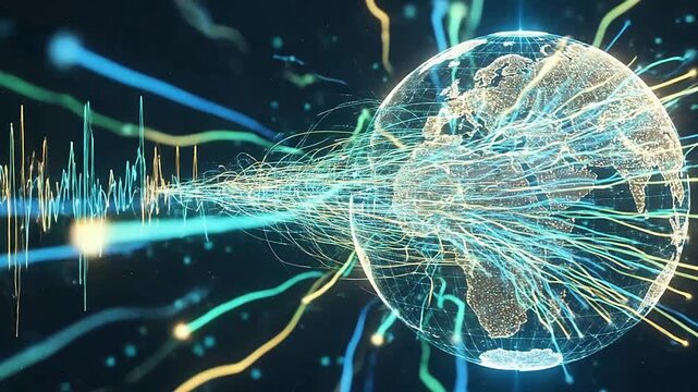 Digital globe with data streams and sound waves on a dark background