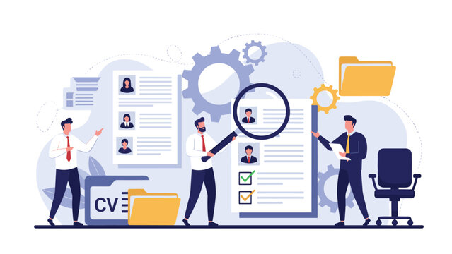 Team of recruitment specialists using a large magnifying glass to carefully review candidate resumes and CVs for a job opening.