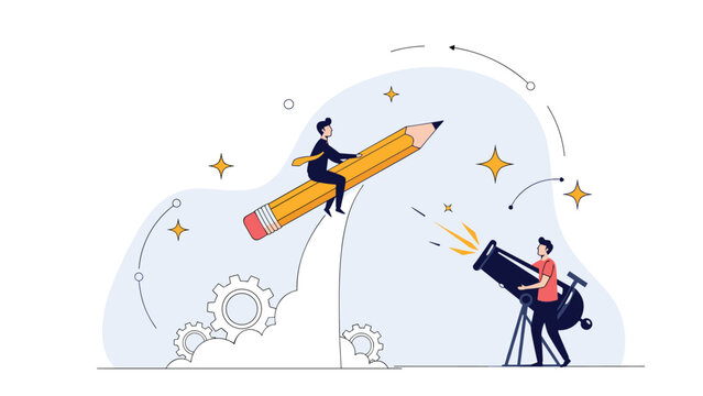 Ambitious professional flying high on a giant pencil rocket as another colleague observes the trajectory through a telescope.