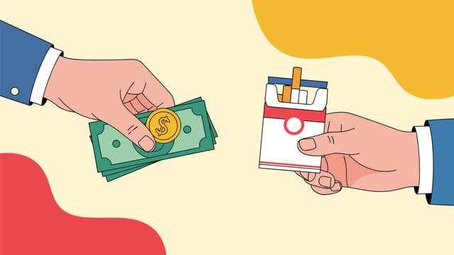 Detailed illustration of a hand exchange where money is given for a pack of cigarettes, highlighting the cost of smoking habits.