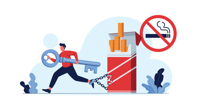 Man running away with a giant key while still being chained to a massive pack of cigarettes, representing the struggle to quit.