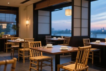 Fototapeta premium Modern dining room with wooden tables and chairs, featuring large windows overlooking a waterfront at dusk