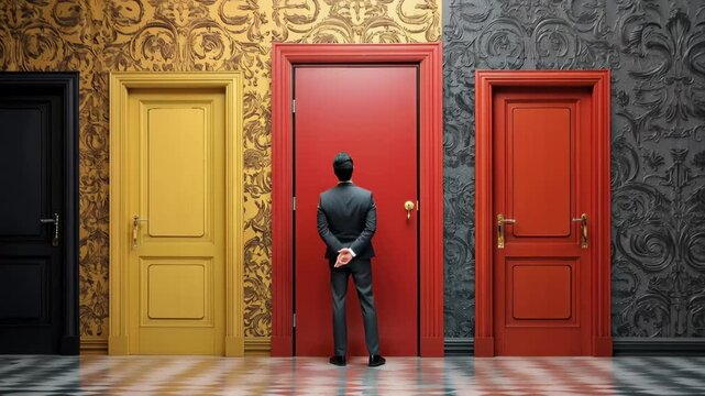 Four doors stand before a man in a room with unique wall patterns and colors during the day, offering choices that lead to different paths and decisions in life