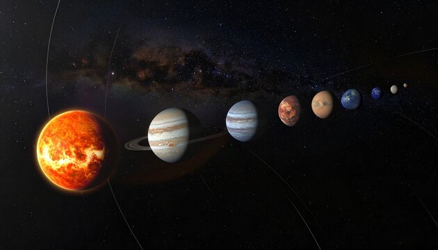 Celestial bodies orbiting a star in a vast cosmic expanse