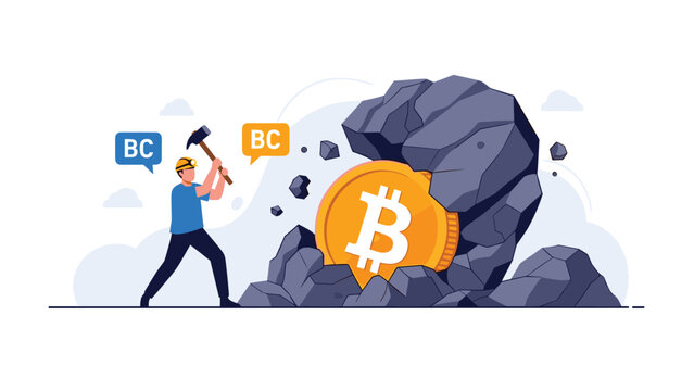 Determined crypto miner wearing a hard hat and using a pickaxe to mine a giant golden bitcoin from a pile of rocks.