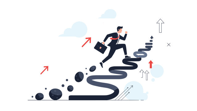 Driven businessman in a suit running up a steep winding path made of road to achieve higher goals and career advancement.