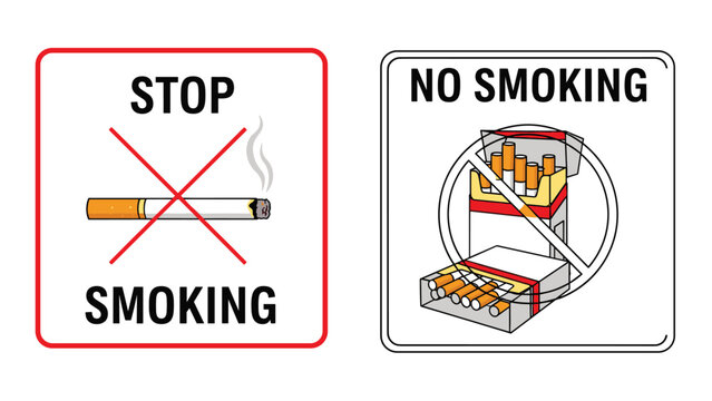 Two different styles of no smoking signs featuring a crossed-out cigarette and a pack of cigarettes to prohibit tobacco use in public.