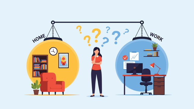 Confused woman standing between a home-themed and a work-themed bubble on a balance scale representing work-life balance challenges.